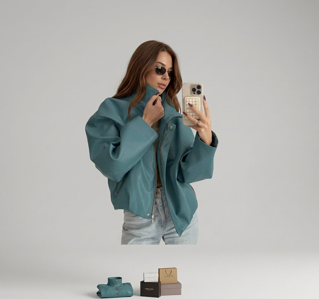 stand-collar faux-leather jacket product photo 16