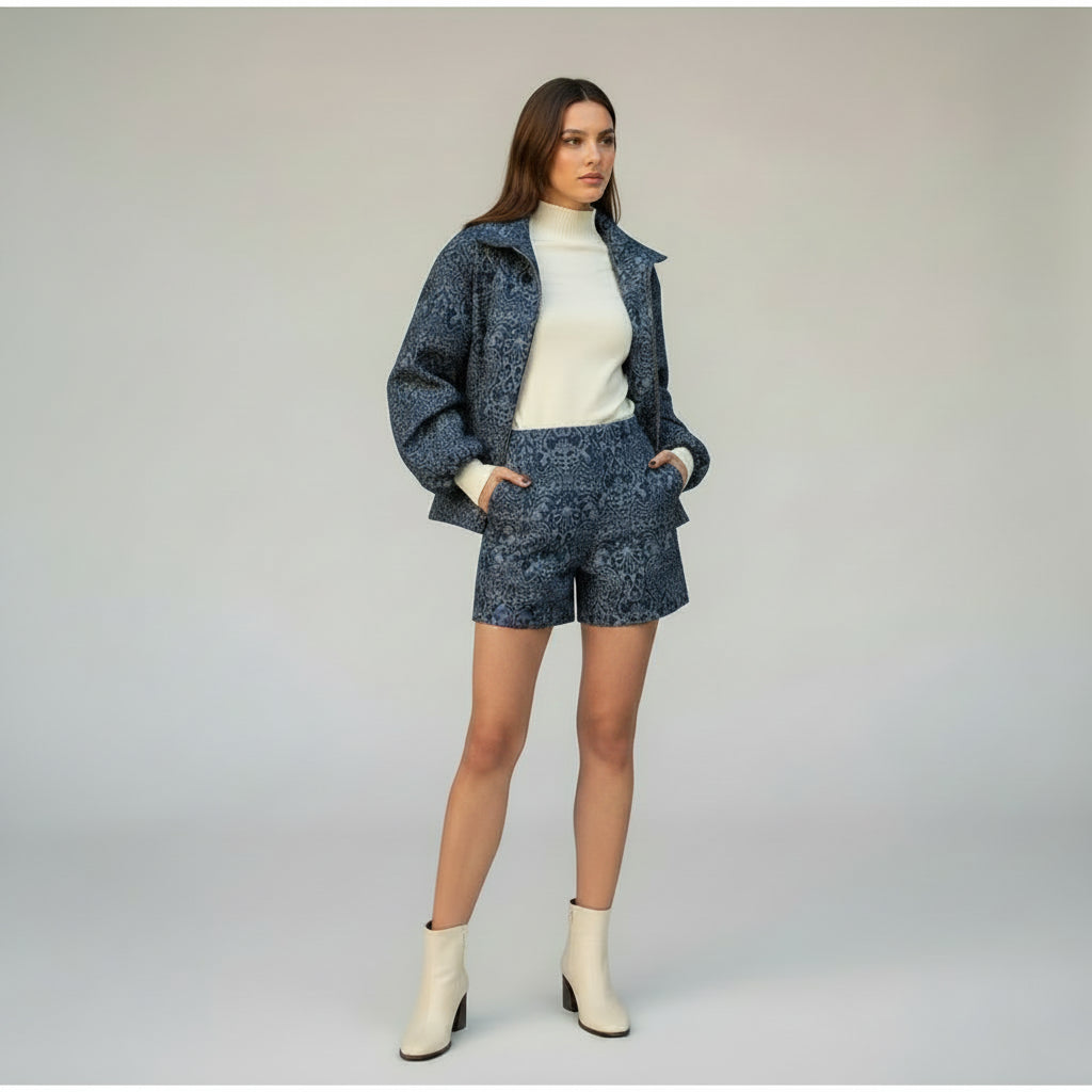 women's paisley two piece set, women's fall two piece outfit, paisley outfit women, fall outfit women 2026, women's matching set, long sleeve two piece set, jacket and shorts set women, vintage inspired outfit women, chic fall outfit women, autumn outfit women, women's casual two piece set, fall fashion 2026, women's boutique clothing, pumpkin picking outfit, fall photoshoot outfit, brunch outfit women, autumn matching set, navy blue two piece set, stylish fall outfits