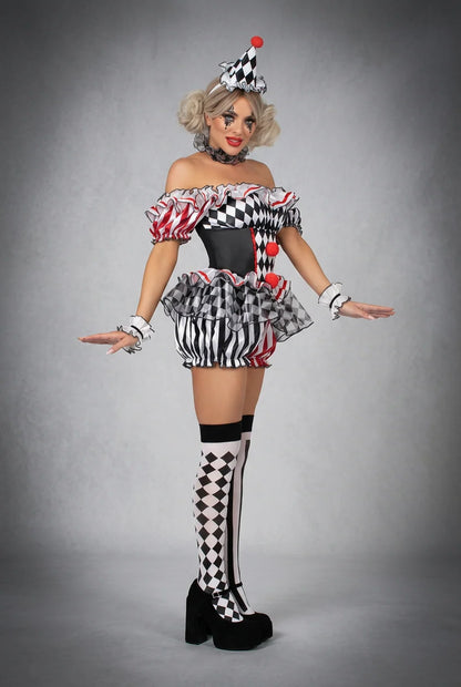Women's Halloween circus costume with playful stage-inspired styling