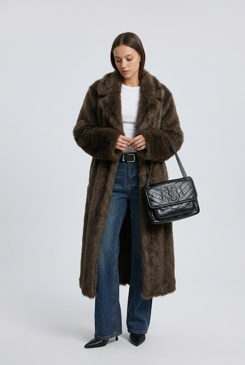 Gradient faux fur coat showing the wide turn-down collar and plush texture