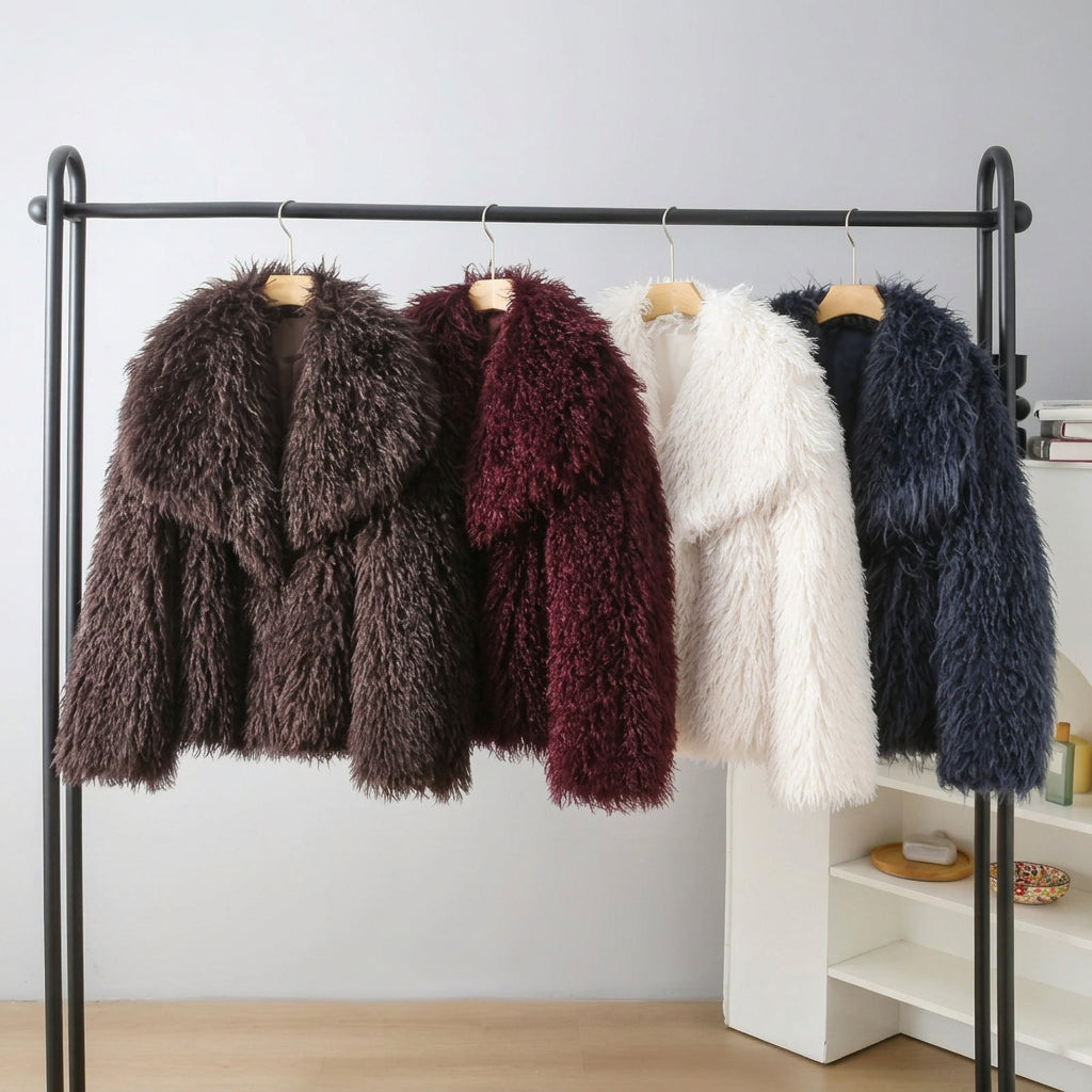 Faux fur coat with long sleeves and wide collar