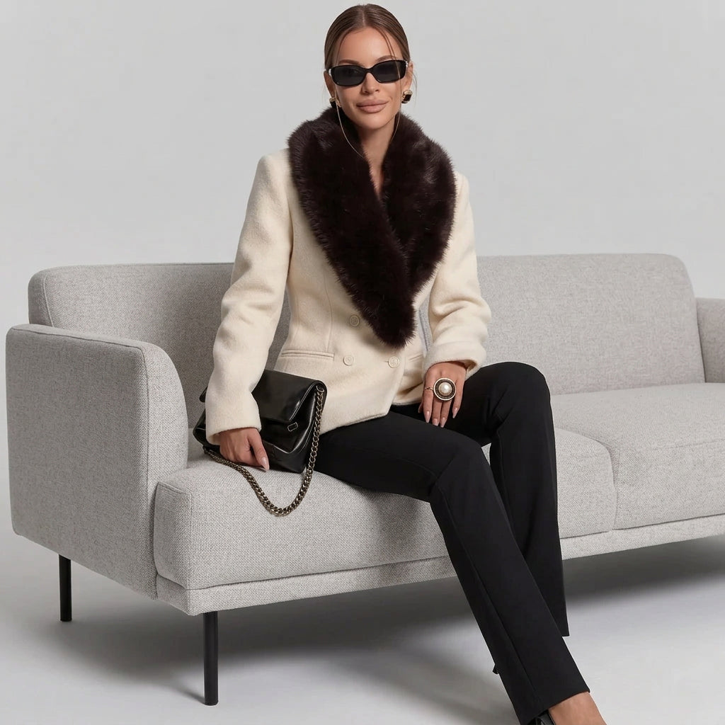 Beige women's tailored coat showing the overall length and shape
