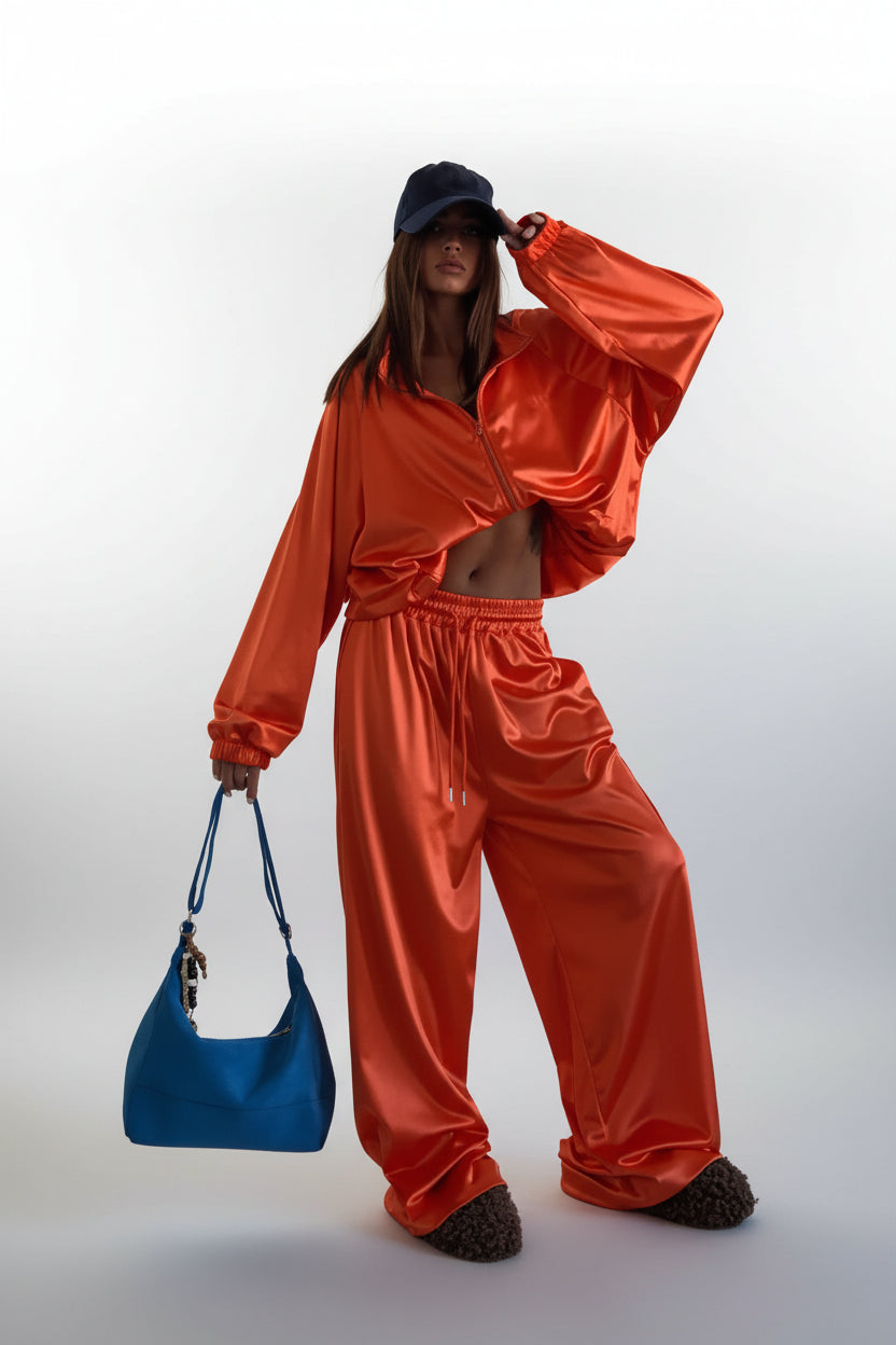 Dansa satin loose long sleeve crop top and wide leg trousers two-piece set streetwear.