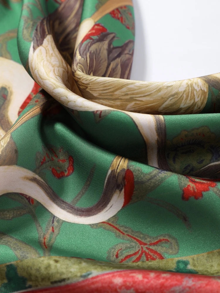 vintage satin scarf, tassel scarf, printed satin scarf, square scarf women, fringe trim scarf, fashion scarf, women's printed scarf, satin neck scarf, shoulder wrap scarf, hair scarf, handbag scarf, 70x70 scarf, versatile fashion accessories, spring summer scarf, 