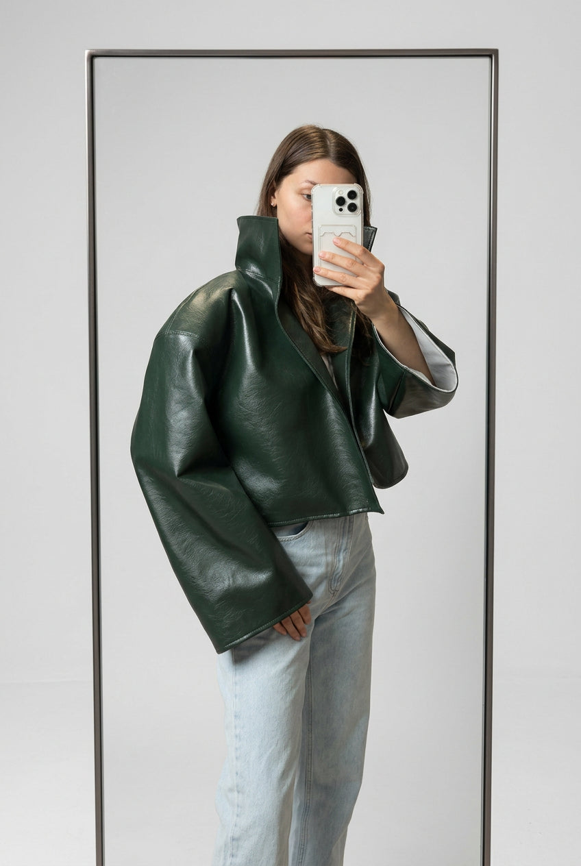 Relaxed faux-leather zip-up jacket product photo 5