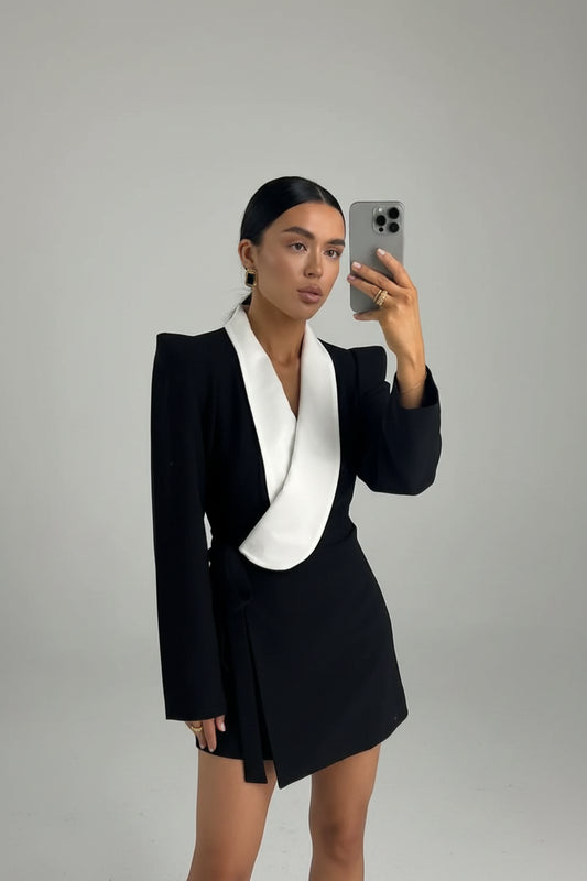 black and white blazer dress, color block blazer dress, women's blazer dress, black white dress women, tailored mini dress, elegant workwear dress, women's work dress, blazer style dress women, sophisticated women's dress, slim fit dress women, black white fashion, business casual dress women, office dress women, dinner date dress, cocktail dress women, fall fashion 2026, fall dress women, elegant workwear women, tailored dress women, chic women's fashion