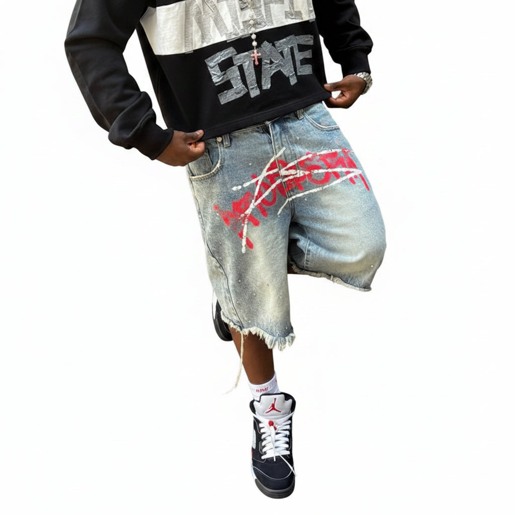 luxury streetwear jorts, graffiti denim shorts, red washed jorts, baggy jean shorts men, Y2K streetwear shorts, hip hop denim shorts, urban fashion jorts, oversized jorts outfit, designer streetwear shorts, graffiti shorts men women