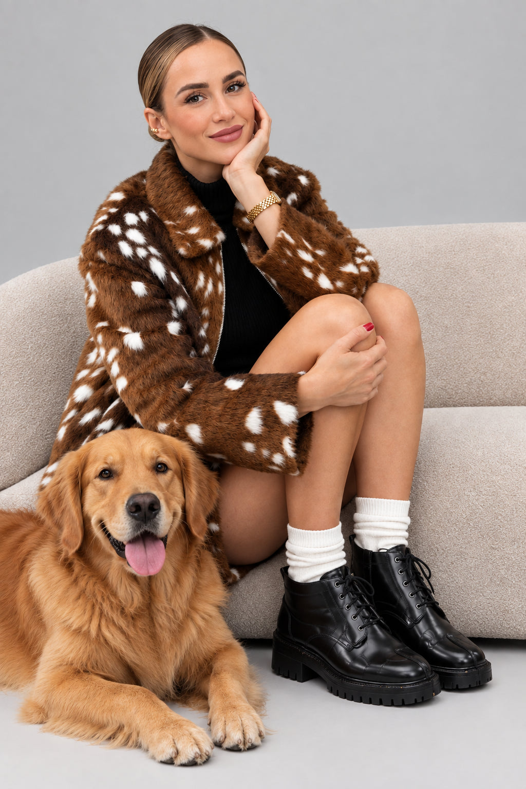 deer print jacket women, deer print coat women, deer print outfit women, deer print skirt set, faux fur deer print jacket, deer print faux fur coat, brown faux fur jacket women, spotted faux fur jacket, deer print suit women, matching jacket and skirt set, faux fur outfit women, statement fall jacket, women’s fall outerwear, women’s winter fashion
