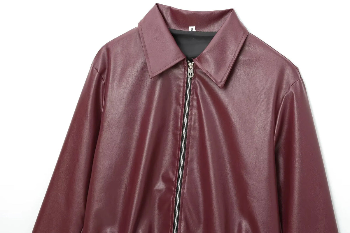 Women's wine red faux leather jacket alternate view