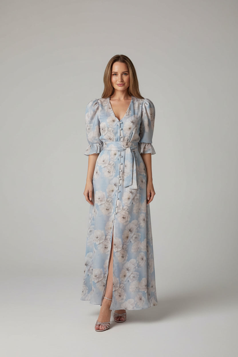 floral chiffon dress, ruffle midi dress, elegant floral dress, women's chiffon dress, V-neck floral dress, summer midi dress, vacation dress, wedding guest dress, romantic floral dress, European summer outfit, feminine midi dress, floral party dress, resort wear dress, date night dress, classy women's dress, lightweight chiffon dress, spring floral dress, elegant summer dress, garden party dress, boutique women's dress, stylish floral dress, side slit midi dress, flowy floral dress, luxury summer dress, chi