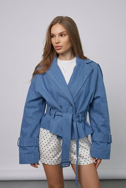 Cape-lapel jacket with a waist-defined shape