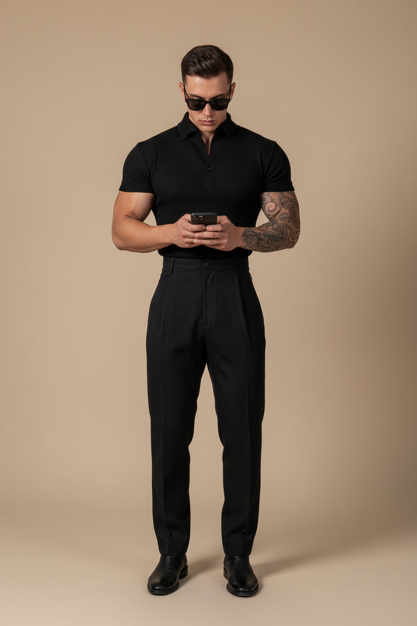 men's ribbed polo shirt, fitted polo shirt, knit polo shirt, short sleeve polo shirt, men's casual polo, slim fit polo shirt, stretch polo shirt, men's smart casual clothing, ribbed knit polo, spread collar polo shirt, men's summer polo, men's fashion polo, breathable polo shirt, men's wardrobe essentials, modern men's clothing