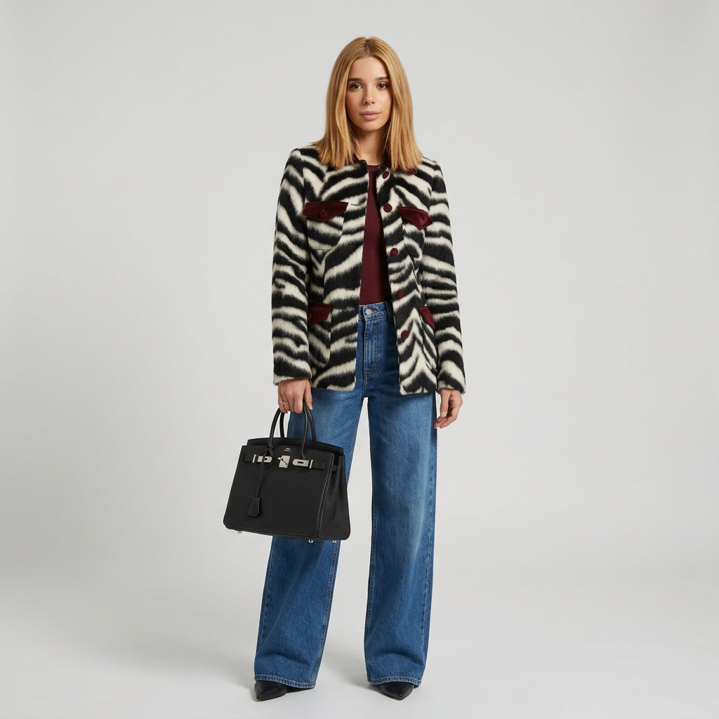 Zebra print faux fur coat showing its regular-length silhouette