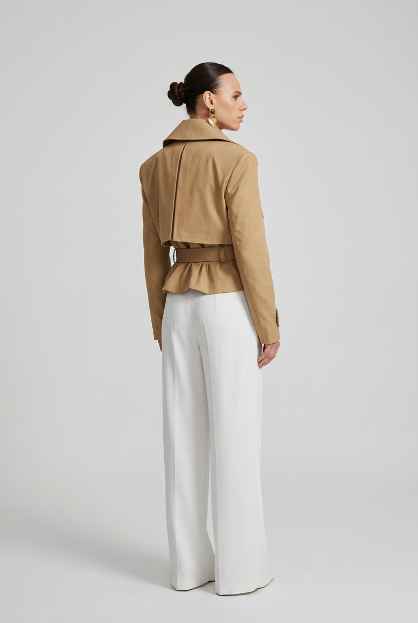 Khaki tailored coat styled with a matching midi skirt