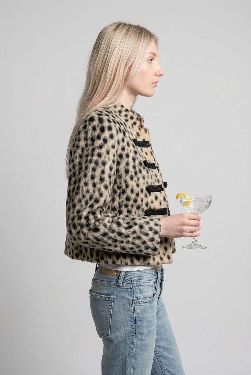 Mandarin collar and frog-style closure detail on a leopard-print jacket