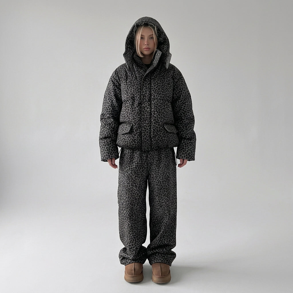 Detail view of the puffer jacket and wide-leg pants silhouette
