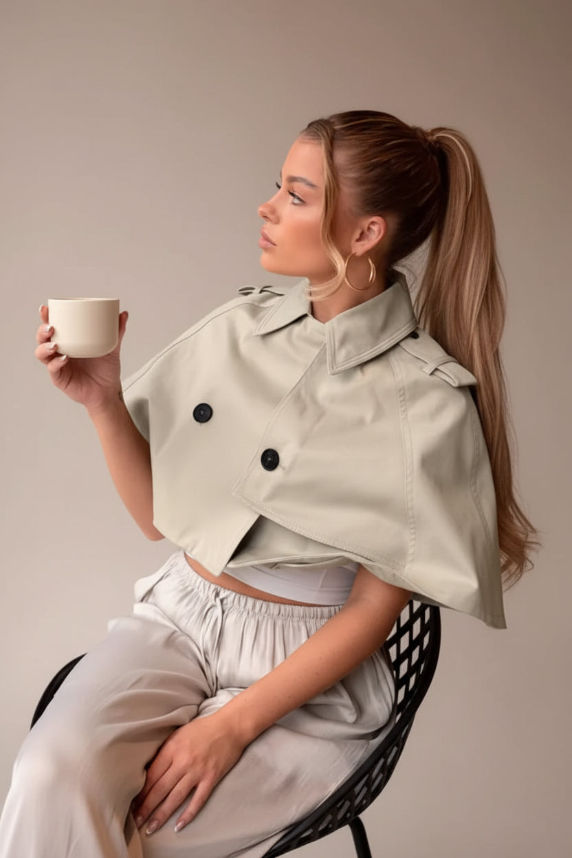 Women's beige cropped coat, double-breasted poncho coat, elegant women's outerwear, chic beige jacket women, luxury women's coat, cropped trench style coat, sophisticated outerwear women, fall fashion coat women, spring layering jacket women, smart casual women's coat, tailored poncho jacket, women's business casual outerwear, fashionable beige coat, designer-inspired women's jacket, modern elegant outerwear, timeless women's coat, luxury neutral coat women, women's transitional jacket.