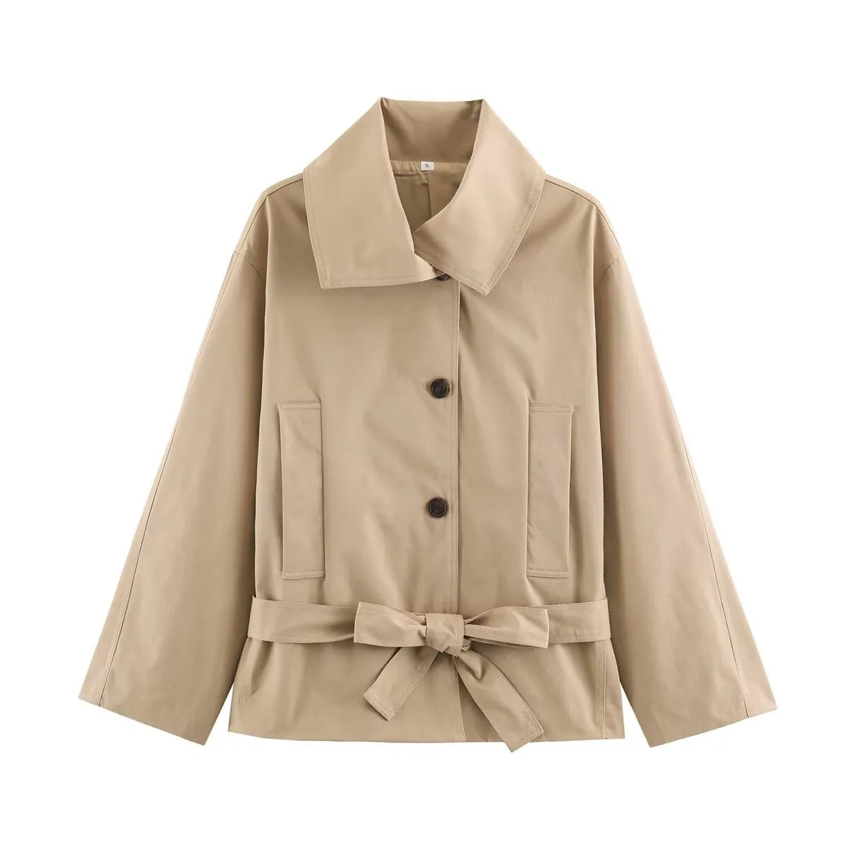 Women's Beige Cotton Blend Wide Lapel Short Jacket Self-Tie Waist-Cinching Loose Batwing Sleeve Coat 2026 Daily Outfit