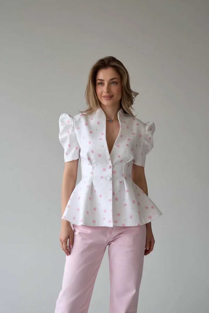 Amelie Printed Peplum Puff-Sleeve Top - GoSobiShop Boutique