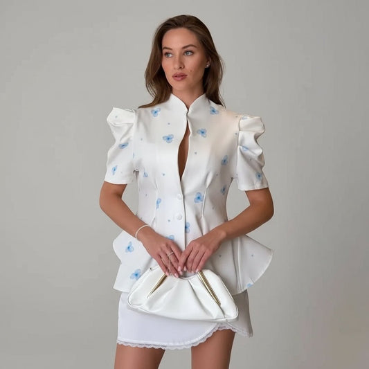 Amelie Printed Peplum Puff-Sleeve Top - GoSobiShop Boutique