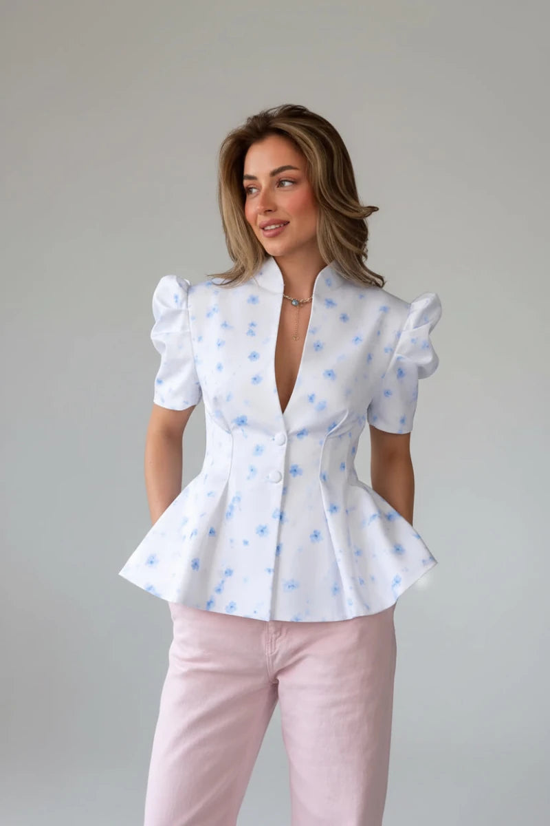 Amelie Printed Peplum Puff-Sleeve Top - GoSobiShop Boutique