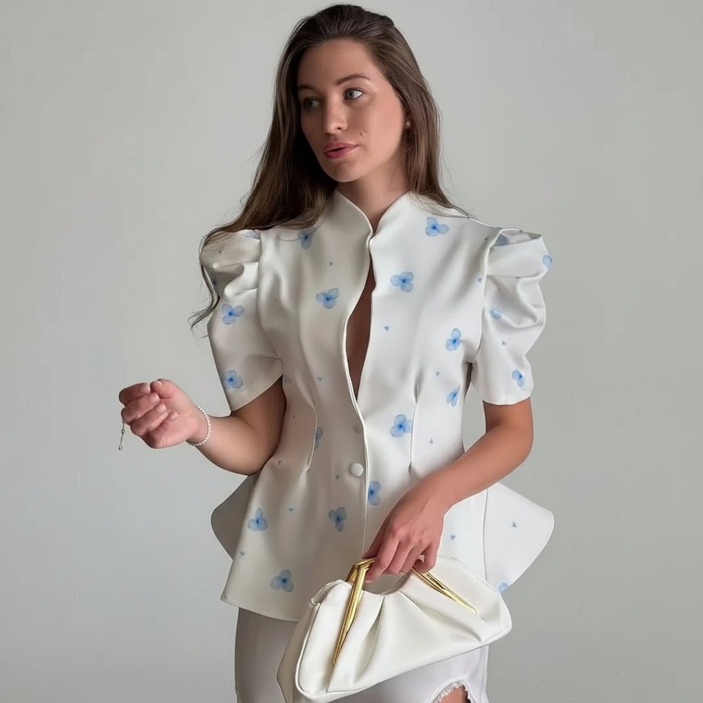 Amelie Printed Peplum Puff-Sleeve Top - GoSobiShop Boutique