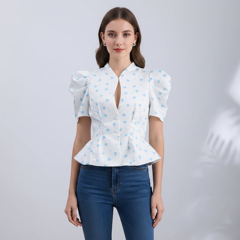 Amelie Printed Peplum Puff-Sleeve Top - GoSobiShop Boutique