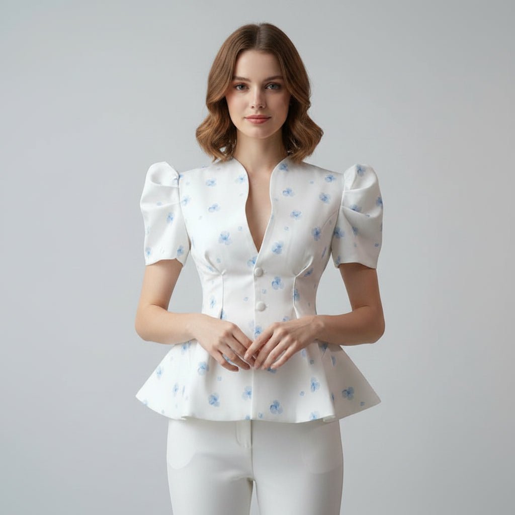 Amelie Printed Peplum Puff-Sleeve Top - GoSobiShop Boutique
