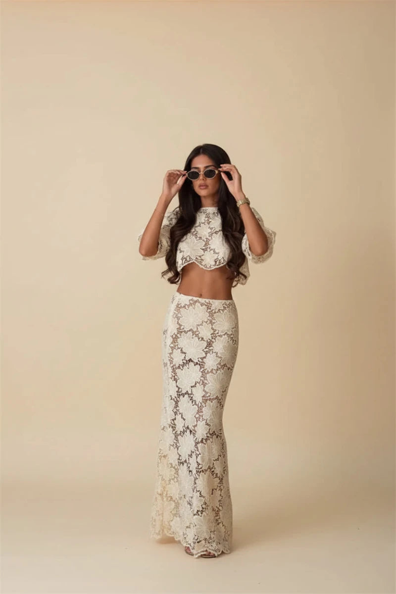 Angela's beige floral embroidery lace two - piece set. - GoSobiShop Boutique