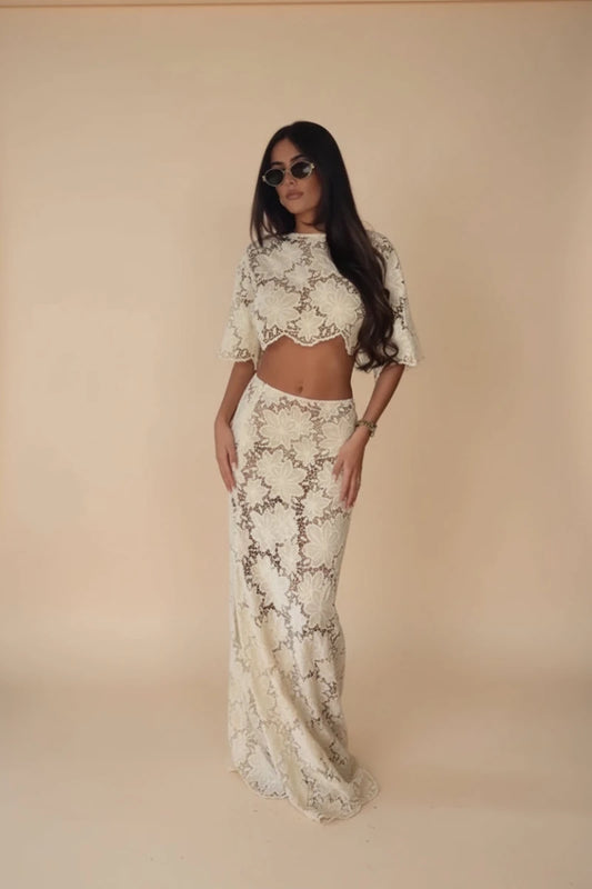 Angela's beige floral embroidery lace two - piece set. - GoSobiShop Boutique