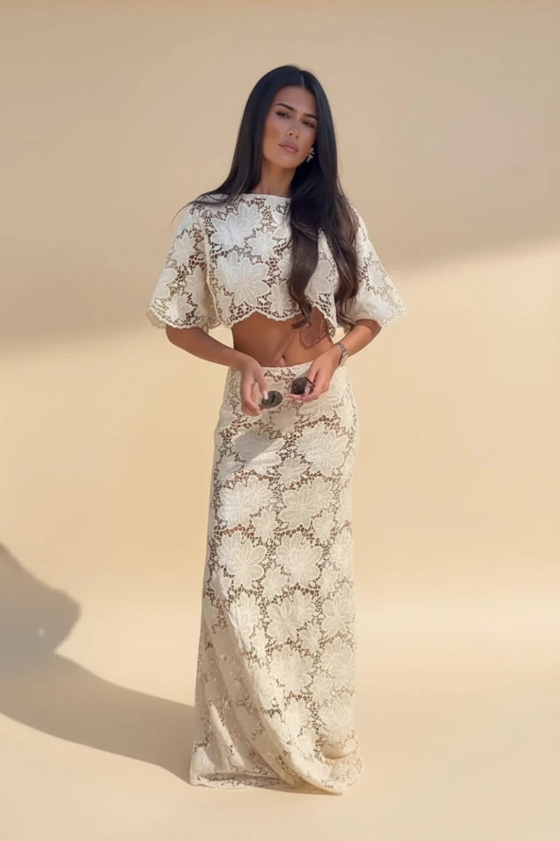 Angela's beige floral embroidery lace two - piece set. - GoSobiShop Boutique