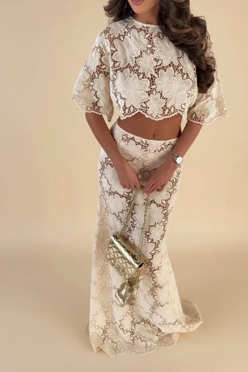 Angela's beige floral embroidery lace two - piece set. - GoSobiShop Boutique