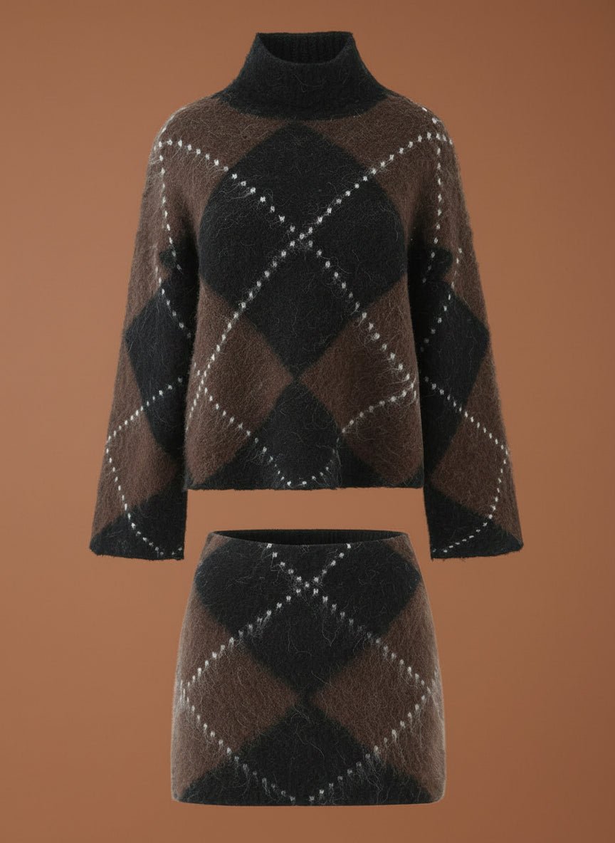 Argyle wool blend knitted sweater and skirt winter set. - GoSobiShop Boutique