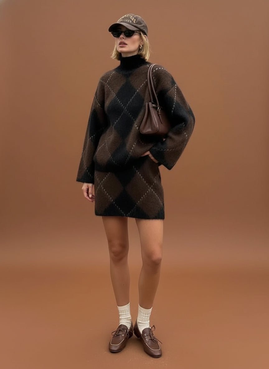 Argyle wool blend knitted sweater and skirt winter set. - GoSobiShop Boutique