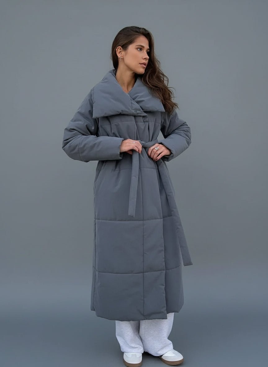 Ashton Split collar belted long puffer coat. - GoSobiShop Boutique