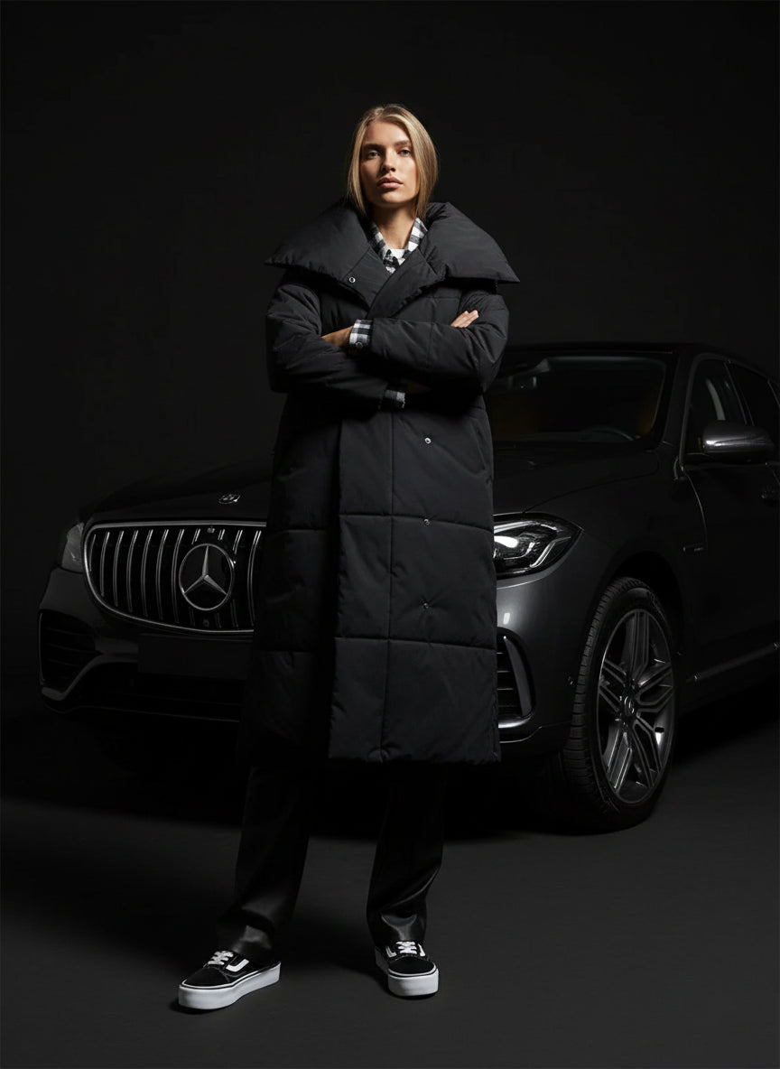 Ashton Split collar belted long puffer coat. - GoSobiShop Boutique