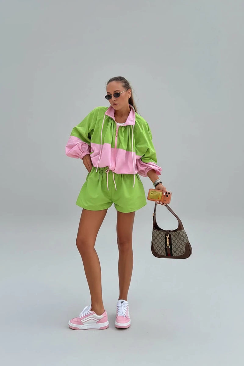 Avery Color-Block Windbreaker Short Set - GoSobiShop Boutique