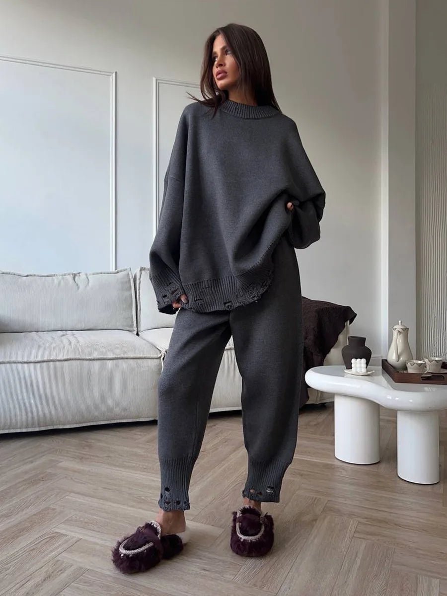 Baggy ripped ribbed knit sweater knit trousers two piece set. - GoSobiShop Boutique