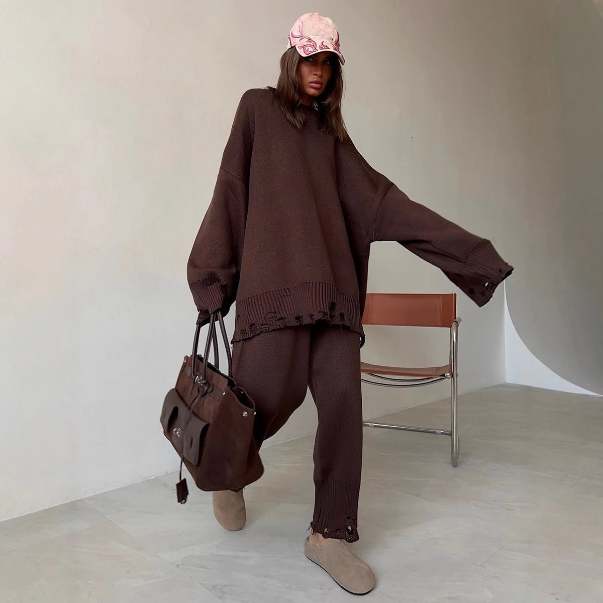 Baggy ripped ribbed knit sweater knit trousers two piece set. - GoSobiShop Boutique