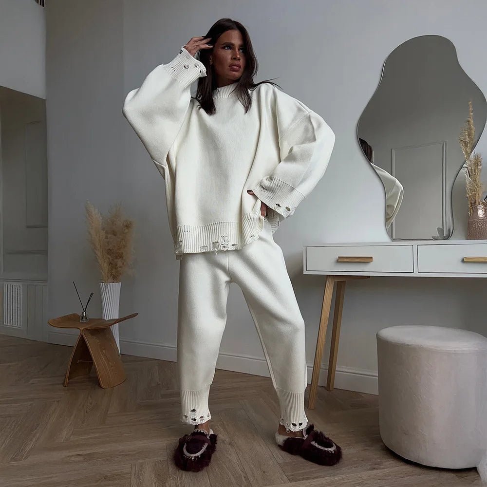 Baggy ripped ribbed knit sweater knit trousers two piece set. - GoSobiShop Boutique