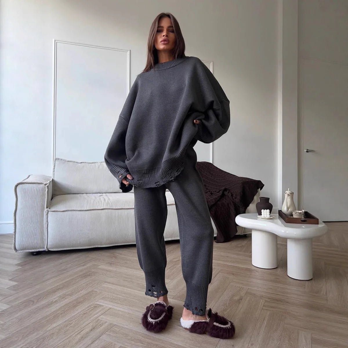 Baggy ripped ribbed knit sweater knit trousers two piece set. - GoSobiShop Boutique