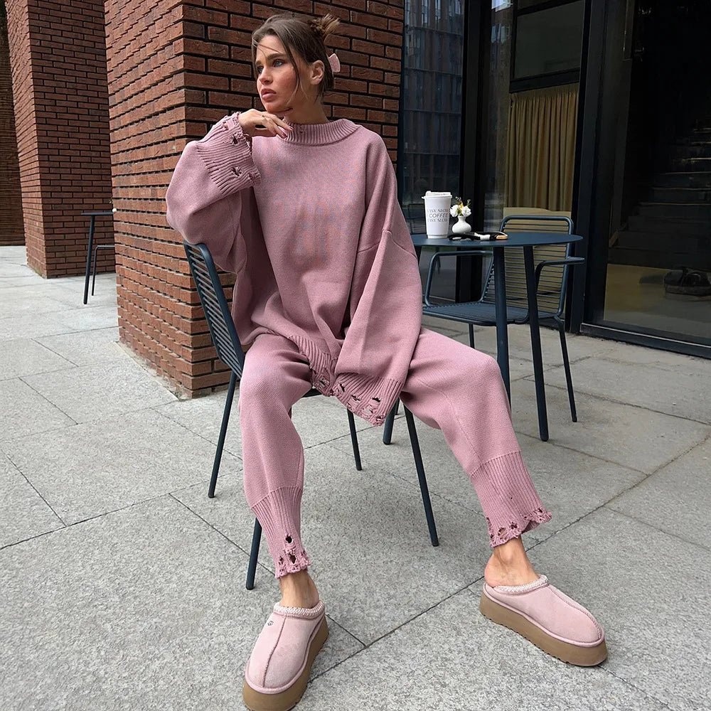 Baggy ripped ribbed knit sweater knit trousers two piece set. - GoSobiShop Boutique