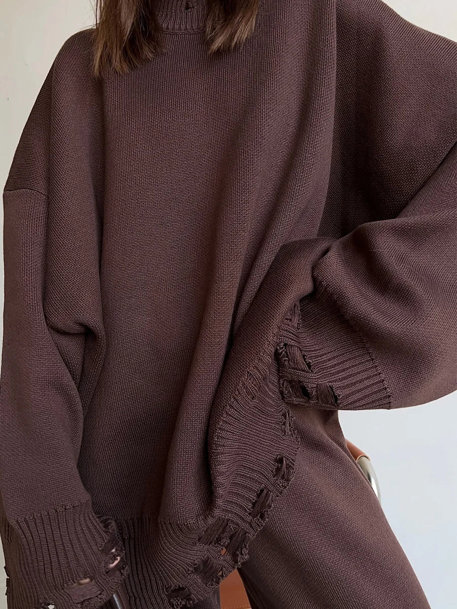 Baggy ripped ribbed knit sweater knit trousers two piece set. - GoSobiShop Boutique