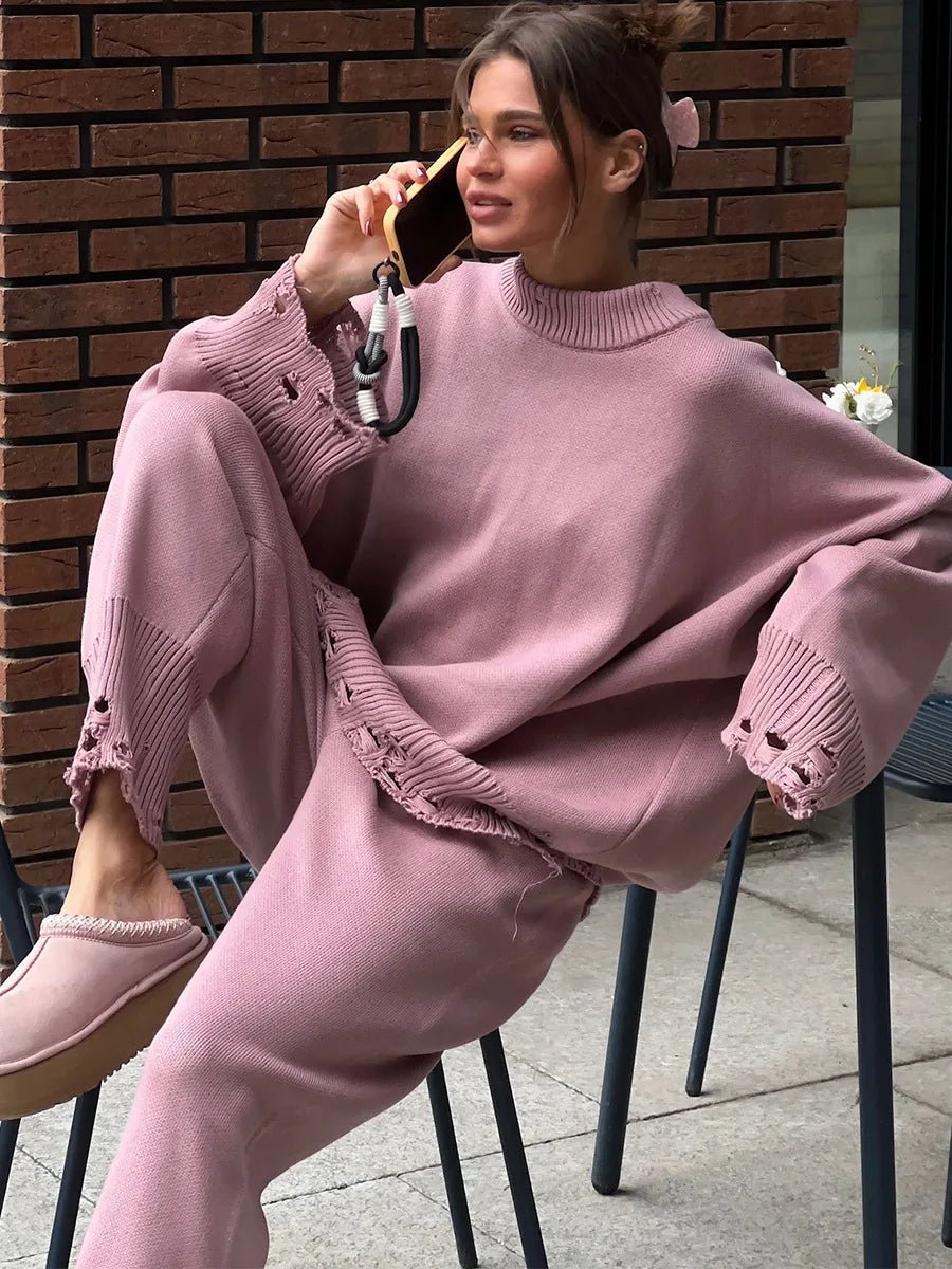 Baggy ripped ribbed knit sweater knit trousers two piece set. - GoSobiShop Boutique