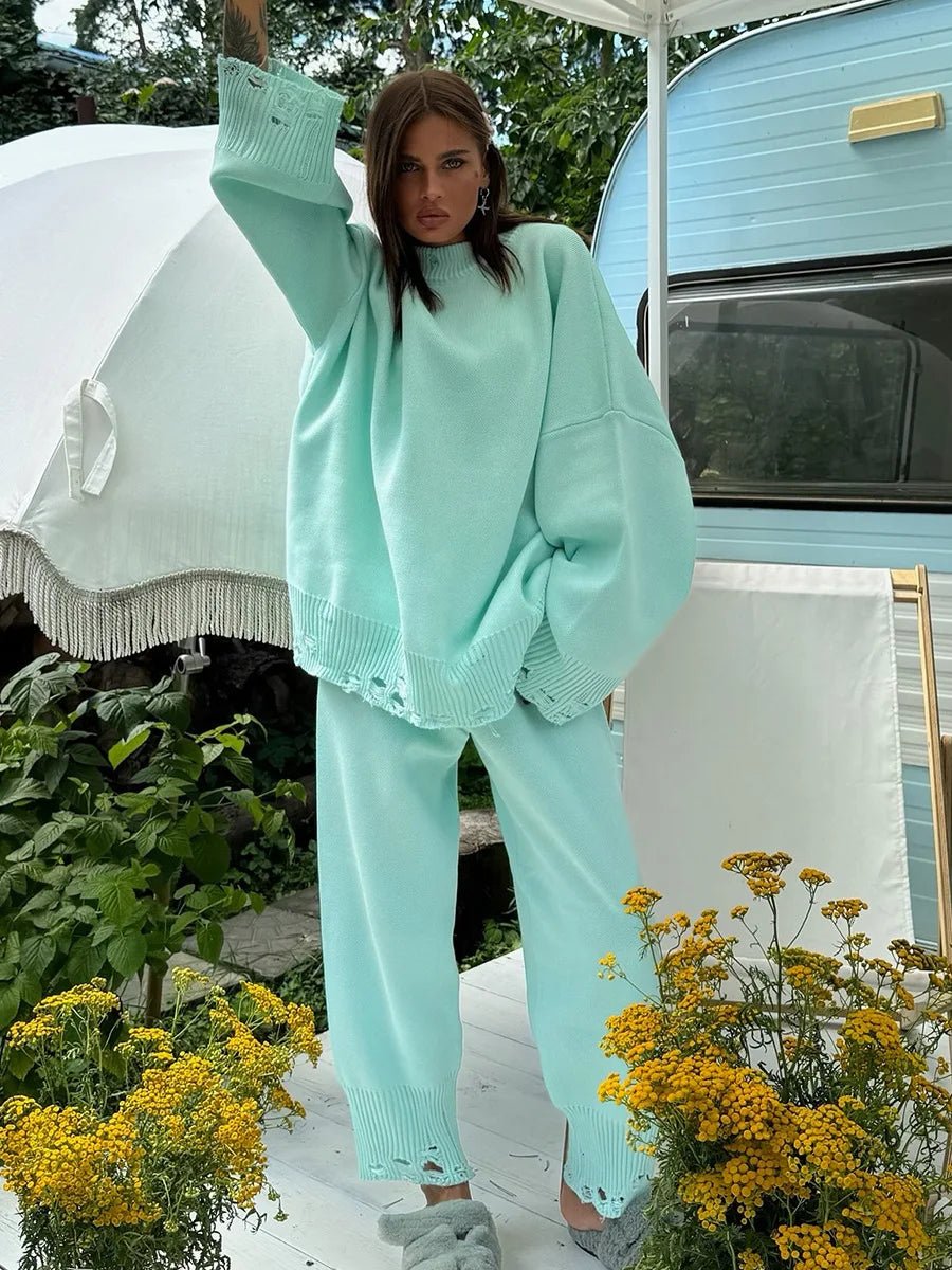Baggy ripped ribbed knit sweater knit trousers two piece set. - GoSobiShop Boutique