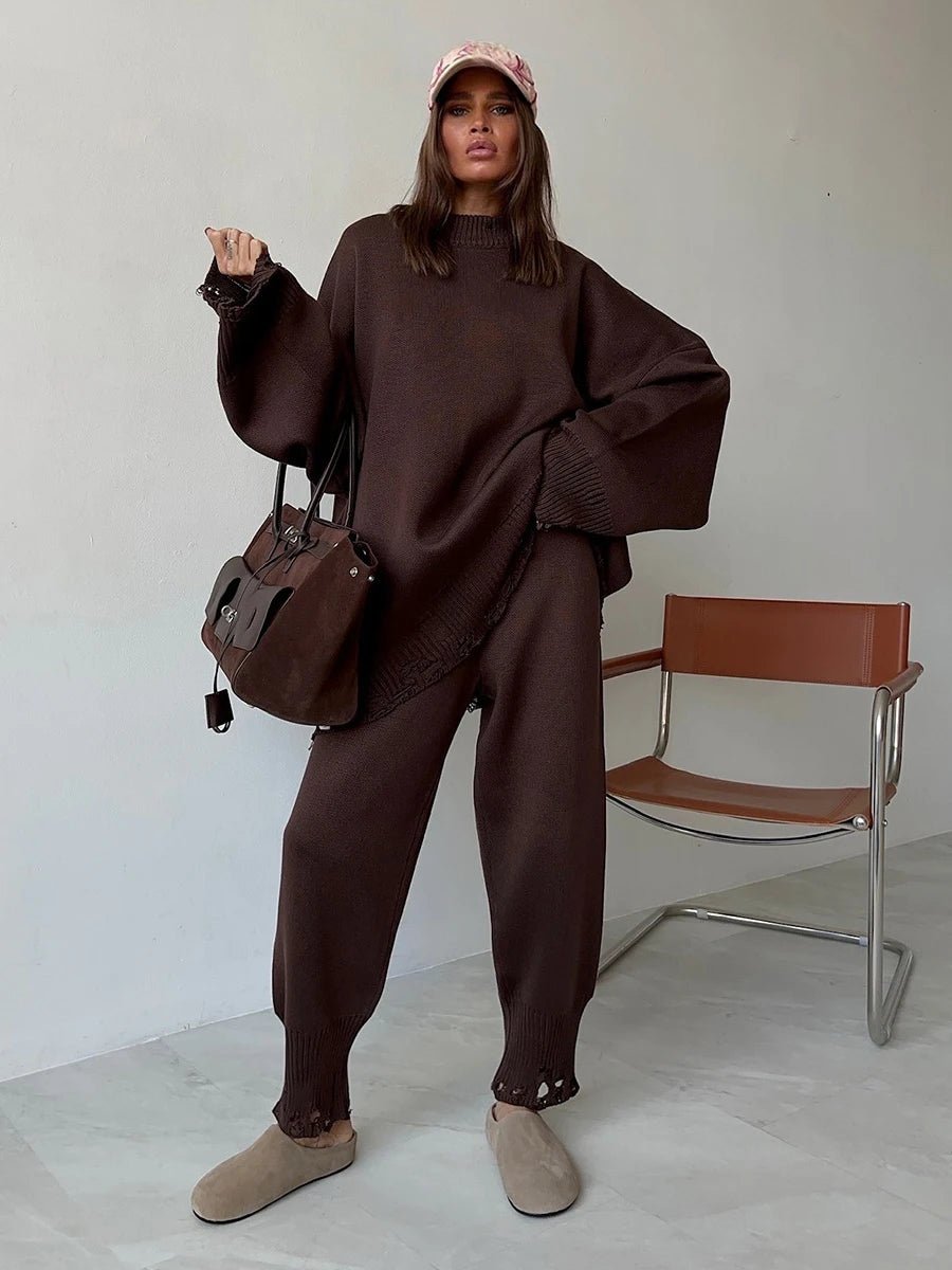 Baggy ripped ribbed knit sweater knit trousers two piece set. - GoSobiShop Boutique