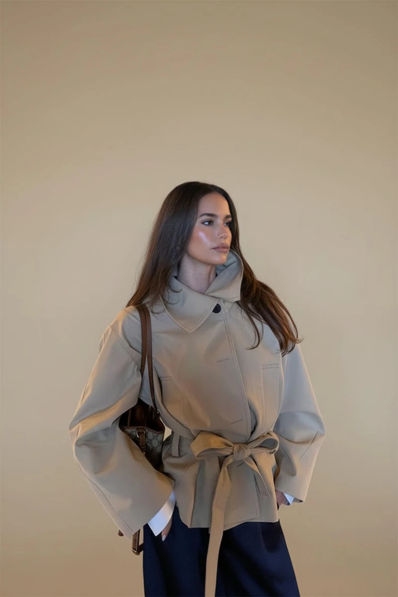 Beige Waist-Tie Batwing Jacket - GoSobiShop Boutique