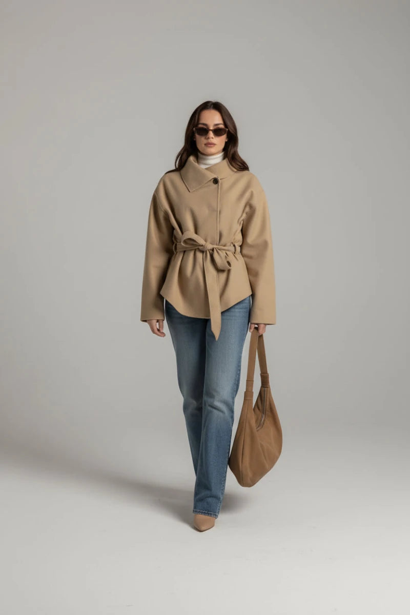 Beige Waist-Tie Batwing Jacket - GoSobiShop Boutique