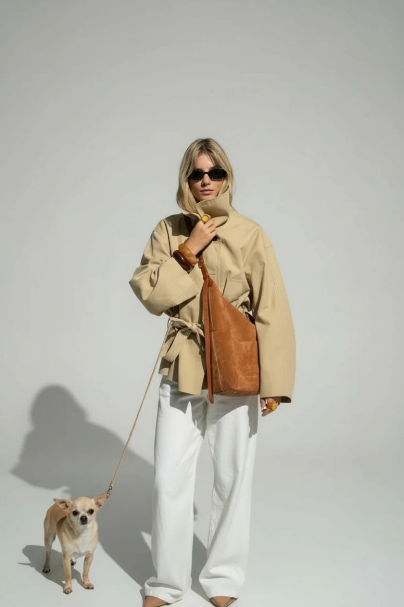 Beige Waist-Tie Batwing Jacket - GoSobiShop Boutique