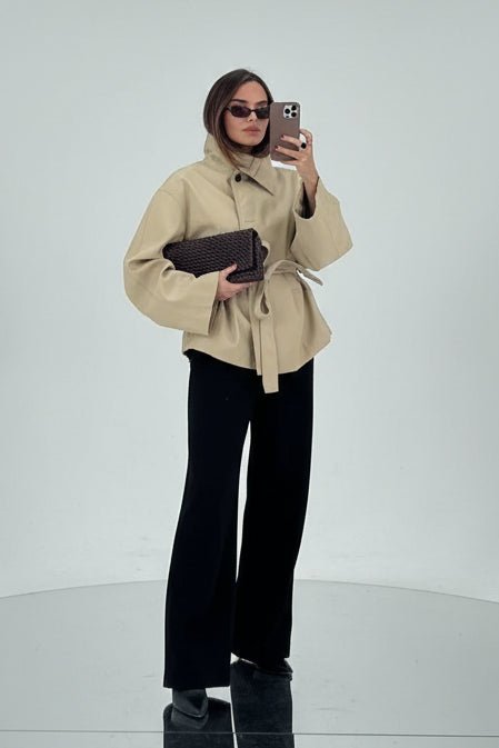 Beige Waist-Tie Batwing Jacket - GoSobiShop Boutique